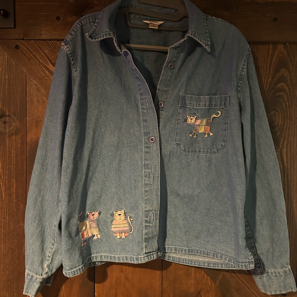 Christopher & Banks Blue Denim Top with Cat Accents